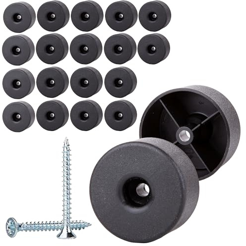 SKIR'CO Lot de 20 pieds de meubles ronds en plastique noir, diamètre 50 mm, hauteur 25 mm, pieds de meubles en plastique, vis incluses