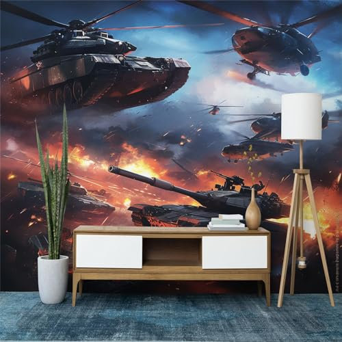 3D Panoramic Custom Wallpaper Mural, Military Themed Tanks and Planes Photo Wallpaper, Black Wallpaper Mural, 250 x 175 cm (W x H) 3D Effect Wall Sticker Poster Decoration