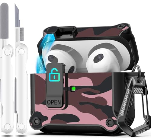 R-fun Kompatibel mit AirPods 3 Generation hülle Case Cover 2021, automatisches Pop-Up-Deckel-Design für Apple Airpod 3 Gen Hülle mit Reinigungsset und Schlüsselanhänger, Rote Tarnung