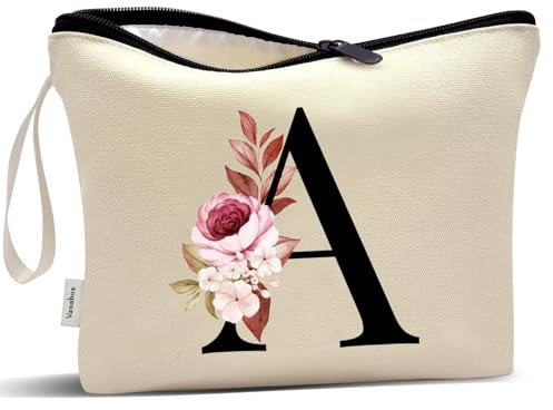 Vavabox Trousse de Toilette personnalisée A à Z, Tissu Premium & Fermeture éclair Robuste, Cadeau Parfait Femme, idée Cadeau Fille Unique, Cadeau Unique pour mariée ou Demoiselle (A, Crème)
