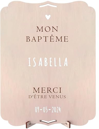 nagu® Baptême Décoration | Panneau Personnalisé en Bois 30x22 cm | Poster Baptême Fille ou Garçon avec Lettres Autocollantes | Pancarte avec Support & Trou pour Accrocher
