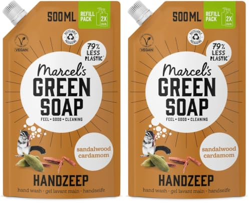 Marcel's Green Soap - Handseife Nachfüllpack Sandelholz & Kardamom - Flüssigseife Spender Nachfüllpack - 100% Umweltfreundlich - 100% Vegan - 97% Biologisch abbaubar - 500 ml (Packung mit 2)