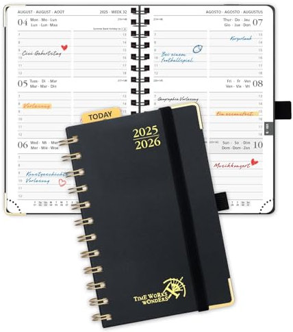 POPRUN Taschenkalender 2025 2026 Klein Ringbuch mit Hardcover, ca. A6 (16 x 10,5 cm) - Kalender 2025 2026 Klein (Aug.2025-Dez.2026) - Wochenplaner mit Vergoldete Schutzecken - Schwarz