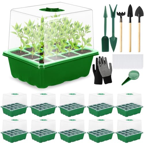 TEGOVE Mini Serre Intérieure pour Plantes, 10 Pièces 120 Cellules, Plateau de Semis avec Couvercle surélevé, Boîte de Pépinière pour Plantes Intérieure, Outils de Jardinage Inclus