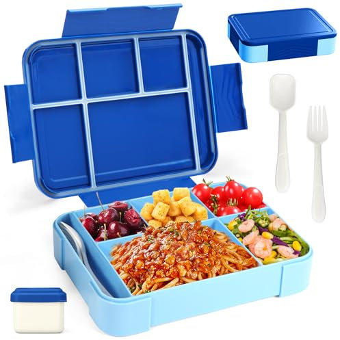 LUZOON Brotdose Kinder mit Fächern, 1330ml Jausenbox Kinder inkl. Besteck, Auslaufsicher Bento Box,Vesperdose für Kindergarten & Schule, Mikrowellen, SpüLmaschinen Sicherheit (Blau②, 1330ml)