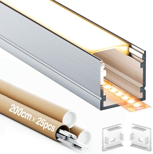 GEEKLUX LED Aluminium Profil 2m 25 Stück, Alu LED Profile mit PC-Abdeckung, LED Kanal und Diffusor, Passend für LED Streifen bis 15mm, Größe: 20 × 20mm
