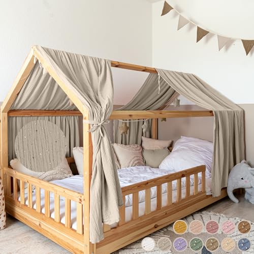 lilimaus Hausbett Himmel mit Gold Applikation [in 12 Farben] Betthimmel | Hausbett aus 100% Baumwolle Musselin - Stoffhimmel für Hausbett Deko Mädchen, Jungen - Himmel für Hausbett Kinderbett Vorhang