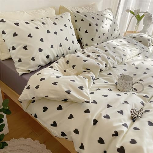 Covebett Herz Bettwäsche Set 135x200 2teilig Weiß mit Schwarz Herzen Muster | Aesthetic Romantisch Kawaii, Herzchen, Mädchen Kinder, ÖKO-TEX, Mikrofaser, Bettbezug und 1 Kissenbezug 80x80, Reißverschluss