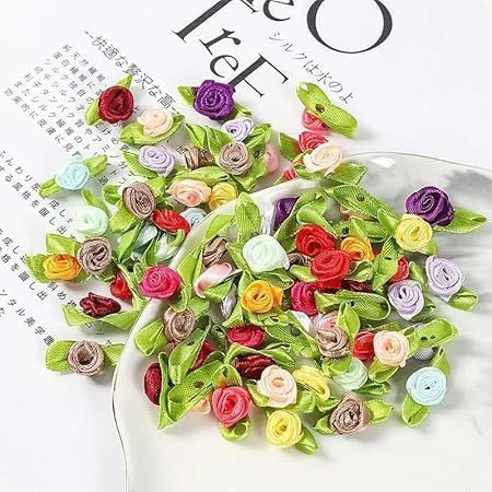 100 Pcs Multicolor Mini Ribbon Rose Flower Ornament, Satin Fabric Rose Buds with Leaves, Mixed Color Roses Sewing Appliques Trim and Embellishments for Jacket Skirt Art Decor Trim & Embellishments