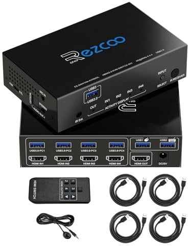 KVM Switch HDMI USB 3.0 4 Ports with Hotkey 4K 60Hz 18Gbps Share 4 Computers with one Keyboard Mous HDR D-olby Vision HDCP2.2 Remote Control