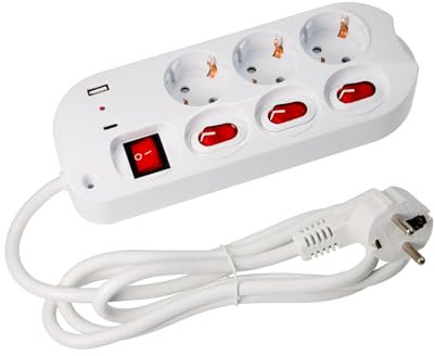 feletec Steckdosenleiste einzeln schaltbar 3-Fach, 1,5 Meter mit 2X USB (Type A und C)
