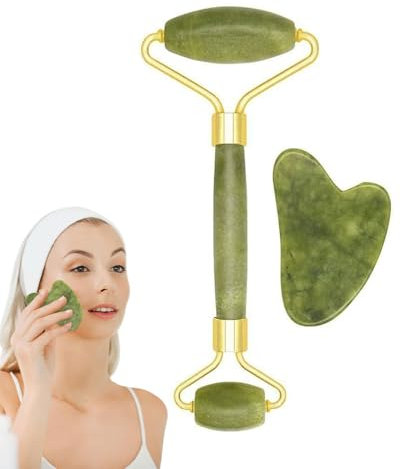 ZEXIJOW 2 Pezzi Gua Sha Viso - Rullo di Giada,Gua Sha Pietra per il Viso,Massaggiatore per Lenire la Pelle ed Eliminare il Gonfiore degli Occhi,Calma e Rilassa La Pelle