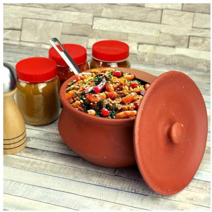 Handmade Clay Handi Unglazed Terracotta Curd Pot/Dahi Handi/Mitti Handi/Clay Pot with Lid – Traditional Earthen Cookware for Curry, Biryani, Khichdi, Curd & Serving – Available in 3 Sizes (Small)