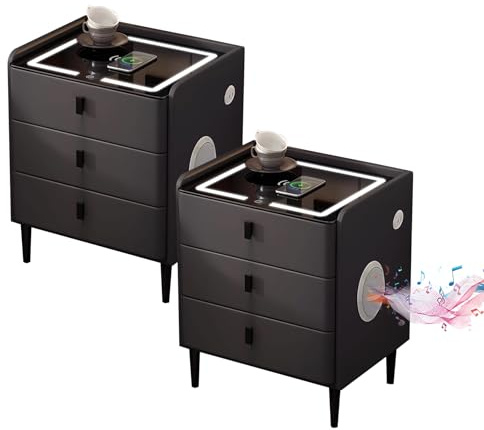 GXSDYYDS Nachttisch 2er Set, Nachttische mit Bluetooth-Lautsprecher, Nachtschrank mit LED Licht, Dimmbar, Nachtkommode mit Steckdose, 3 Schubladen,2 USB,Type-C,Nachttischschrank