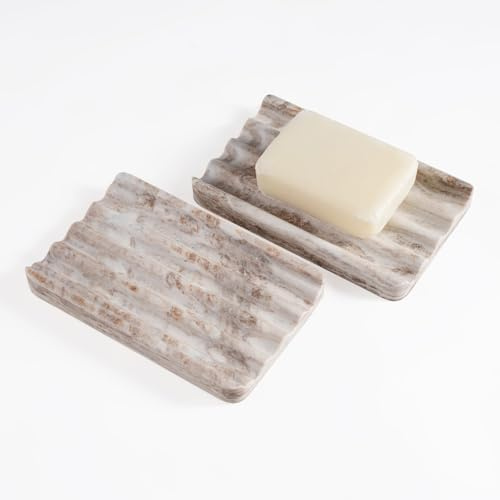 2 Stück Seifenschale mit Ablauf, Natürlicher Marmor Seifenhalter, 14x9x2cm | Seifenablage Waschbecken, Seifenschalen Badewanne, Wave Soap Holder für Badezimmer Dusche, Palissandro Classico