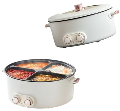 Electric Pot 4 Compartment, Mandarin Duck Electric Chafing Dish Four-Grid Multi-functional Household 6 Liters Capacity Integrated Hot Pot Electric Caldron, Four in One Electric Cooker,Beige-One Size