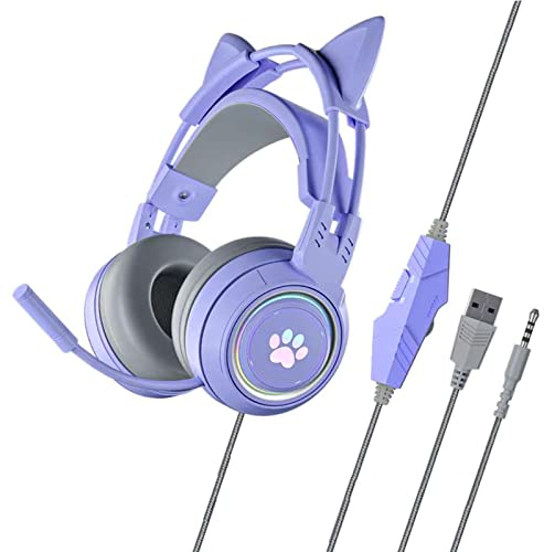Oxxggkao Cuffie da gioco a orecchie di gatto con isolamento acustico sopra le cuffie con microfono Controllo del volume Bass Surround rimovibile illuminato USB Gaming