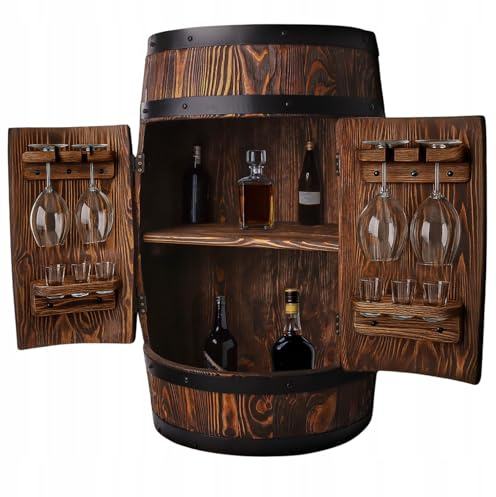 MB Manufaktura Barel Holzbar Fass 80x55 cm | Massivholz Barschrank für Whisky, Wein und Spirituosen | Hausbar mit Glashaltern | Handgefertigt in Europa | Bar Möbel im Vintage, Loft und Landhausstil