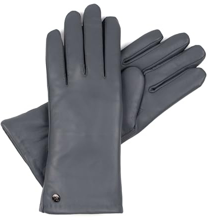 Hand Gewand by Weikert Exklusive Lederhandschuhe aus Lammnappa gefüttert mit Merino Lammfell, Touchscreen, langer Schnitt bis über das Handgelenk, Damen Lammfellhandschuhe (Grau, 8)