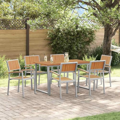 Teenpull Garten Essgruppe 7-teilig, Grau Massivholz Akazie, Rechteckiger Esstisch mit 6 Stühlen, Witterungsbeständig für Terrasse & Balkon, Outdoor Dining Set