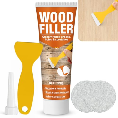 Wood Filler White, Paintable & Sandable Wood Putty for Cracks, Holes and Damage, Low Odor & Crack Resistant – Ideal for Interior and Exterior Hardwood and Furniture Repair(220g)