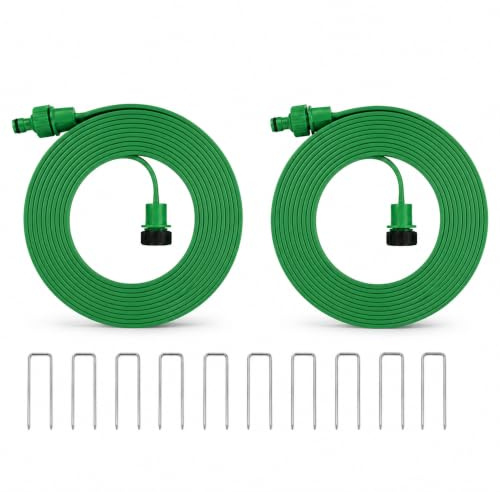 XPJBKC Tubo Irrigazione Forato, 2 Tubo Irrigatore Piatto 5 m T-ubo Irrigazione a Goccia con 10 Picchetti da Terra, tubo Irrigazione Estensibile, Manichetta per Irrigazione per Prati Aiuole Piante