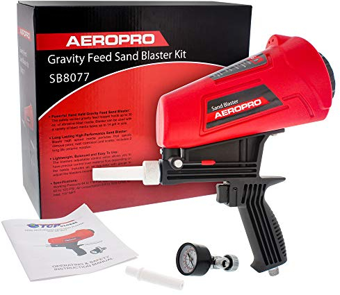 TCP Global Gravity Feed Sand Blaster Gun Kit - Hand Held Sand Blasting Spray Gun with 2 Ceramic Nozzle Tips and Air Regulator - Blast Abrasive Media, Soda, Bead, Walnut, Aluminum Oxide - Pneumatic