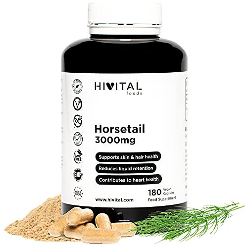 Prêle des Champs 3000 mg. 180 gélules végétaliennes pour 6 mois de traitement. Extrait naturel concentré d'Equisetum Arvense qui agit comme un diurétique naturel. Fabriqué en Europe par HIVITAL