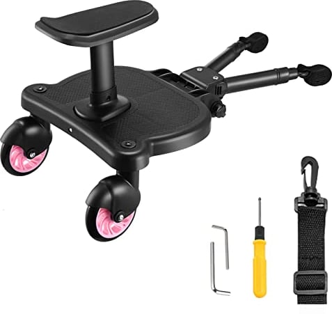 Buggy Board mit Sitz, FNRIDS Trittbrett für Kinderwagen Universal,mit Aufhängegurt, stabiles Two Wheel Design, 360 drehbar, Kinderwagenzubehör für Kinder von 2 bis 6 Jahren (25 kg) (Rosa)
