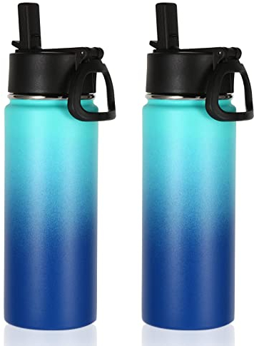 Volhoply 18oz Insulated Water Bottle 2 Pack, Multipack Kids Stainless Steel Water Bottles with Straw Lid,Double Wall Vacuum Sports Flask Keep Hot and Cold (Green Blue,2 Pack)