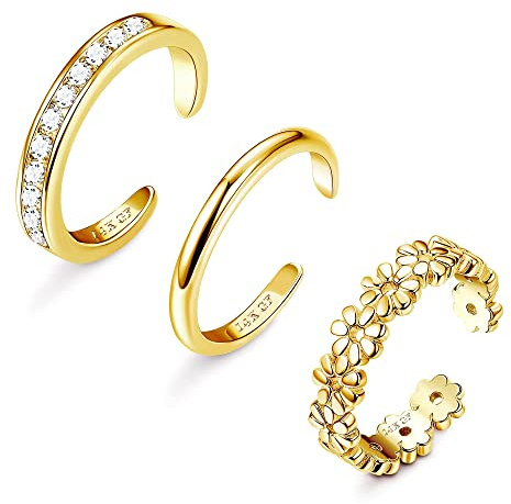 FIASASO 3Pcs Gold Filled Toe Rings for Women Non Tarnish 14K Gold Filled Toe Ring Adjustable Flower Cz Dainty Toe Ring Summer Beach Open Toe Rings Set Toe Jewelry Foot Jewelry