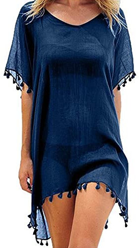 Edhomenn Women Chiffon Beachwear Tassel Bikini Cover Up Short Beach Dress Solid See-Through Swimsuit Summer Casual Swimwear (Dark Blue, One Size)