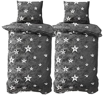 Leonado Vicenti Bettwäsche-Set 155 x 200 cm Mikrofaser 4 teilig Sternemuster Anthrazit Grau Knitterfrei Pflegeleicht