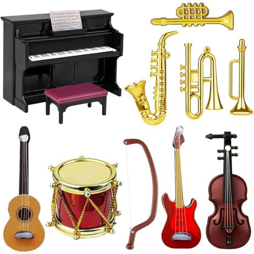 10 Stück Miniatur Zubehör, 1/12 Puppenhaus Zubehör, Wichtel Zubehör Puppenhaus Mini Musikinstrument Modell, Miniatur Deko Mini Puppenhaus Zubehör, Klavier E-Gitarre Miniatur Geige Trompete Saxophon