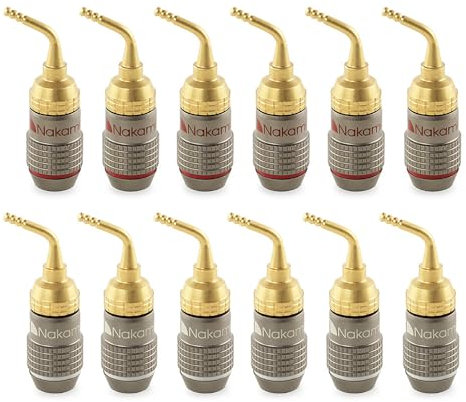 Nakamichi FanLock Excel Series 24k Gold Plated 2mm Pin Plug Banana 10 AWG - 18 AWG Gauge Size 4mm for Spring Clip Speakers Amplifier Hi-Fi Home Theatre Wire Cable Quick Connector, 12 Pcs (6-Pairs)