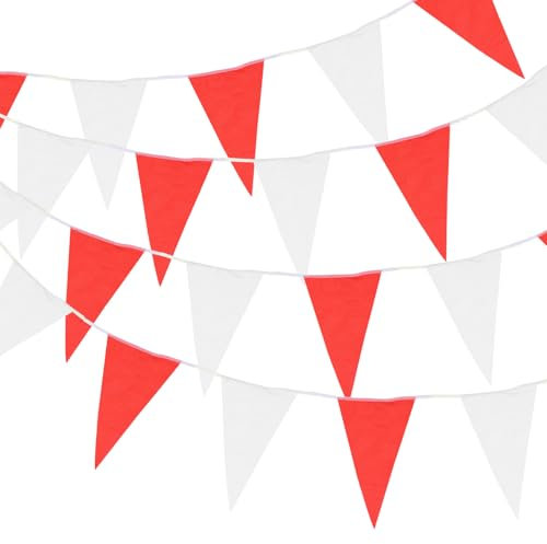 QUARKZMAN 30M/100ft Rosso Bianco Bandiera Striscione Cordoncino Appeso con 60pz Bandiere Triangolari Bandierine per Giardino Esterno Matrimonio Festa Compleanno