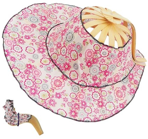 Lawnrden Bamboo Fan Hat,2 in 1 Portable Bamboo Sun Hat,Small Summer Flower Pattern Hand Fan Foldable Beach Hat for Outdoor Beach Travel