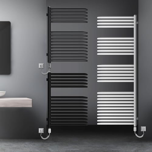 LuxeBath Radiateur Électrique pour Salle de Bain 500x1200 mm Noir Mat avec Résistance 1200W Chrome Simple, Sèche-Serviettes Porte-Serviette Design avec Cartouche Barre Thermoplongeur Chauffante