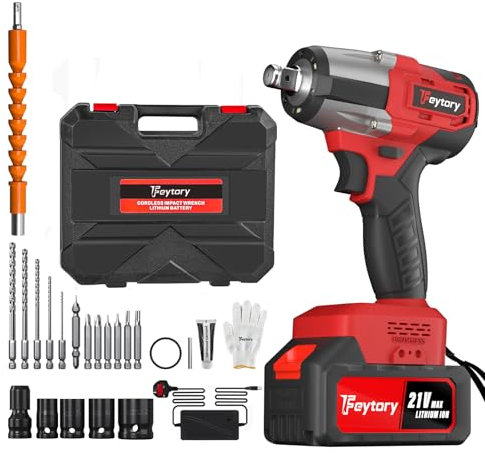 Cordless Impact Wrench,1/2 Brushless Power Impact Gun,2500RPM Electric Wrench with 4 Sockets, 12PCS Screwdriver Bits,1X Large Capacity Battery & Carry Box for Car Home (Red)