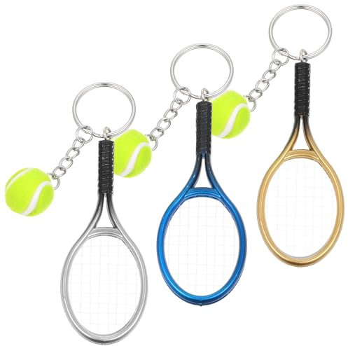 JIEYAO 3 Stück Tennis Schläger Keychain, Schlüsselanhänger Tennis 3 Farben Kreativer Sport Schlüsselanhänge Mini Tennisball Anhänger Sport-Liebhaber Geschenk für Herren Damen(Gold, Silber, Blau)