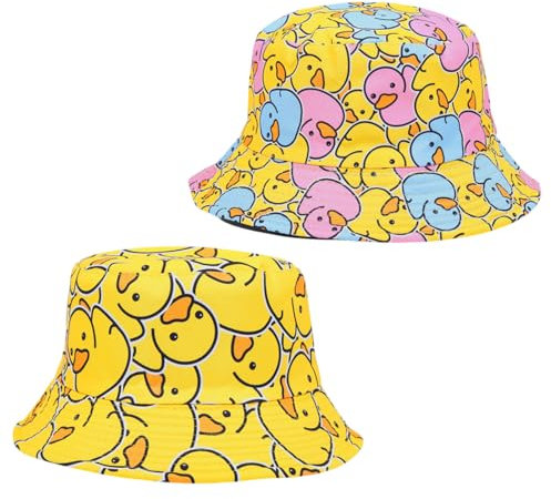 SAIIURV 2 Stück Enten Reversibel Fischerhut für Damen Herren, Wendbares Fischerhüte Modisch Sommerhut Hut, Faltbar Anglerhut Doppelseitig Retro Thema Eimer Hüte für Tägliche Karneval