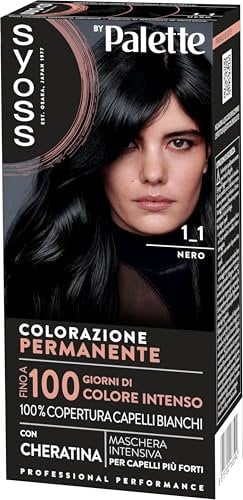 Syoss by Palette Colorazione Permanente 1-1 Nero, Colorazione capelli permanente con Cheratina, Tinta nera per 100% copertura dei capelli bianchi e fino a 100 giorni di colore intenso professionale