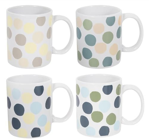 Set of 4 Polka Dot Mugs - Tea Coffee Cups Hot Chocolate Latte Cappuccino - Home Kitchen Office Yellow Green Blue Grey Cream Modern Contemporary Design Mug Set