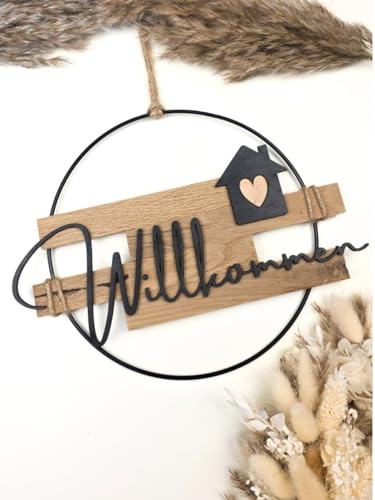 WIDEGO Türkranz Willkommen aus Holz | 20cm, 25cm und 30cm | Türkranz ganzjährig | Willkommen Schild Haustür | Haustürdeko (30cm)