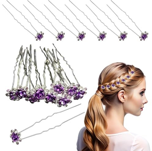 Trimming Shop Crystal Lilac Purple Rose Flower Hair Pins: Bridal Wedding Clips with Rhinestone Flowers - Elegant Hair Jewelry Accessories for Women, Wedding Bridal Hairstyle, Prom Party, Pack of 5