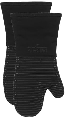 All-Clad Silicone Oven Mitts: Heat Resistant up to 500 Degrees - 100% Cotton & Silicone, 14x7 Oven Mitt for Kitchen and Barbecue, 2-Pack, Black