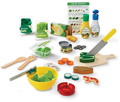 Melissa & Doug Salade à la carte en bois, Accesoires cuisine pour enfants, Aliments en bois 52 pièces, Jeux de rôle restaurant, Jeu d'imitation, Cadeau pour garçons et filles de 3 4 5 6 7 ans