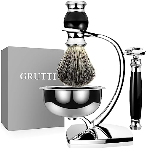 GRUTTI Rasierpinsel Set für Männer, Manuelle Rasierkit mit Rasierhobel Ständer und Rasierschale und Rasierpinsel Dachshaar Imitat und Rasierhobel (Klinge Nicht Enthalten),Luxuriös Herren Geschenk Set
