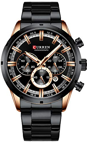 CURREN Herren-Armbanduhr Sport Quarz Chronograph Armbanduhr mit Leuchtzeigern Mode Edelstahl Uhr Datum (Roségold Schwarz), Chronograph, Quarz-Uhrwerk
