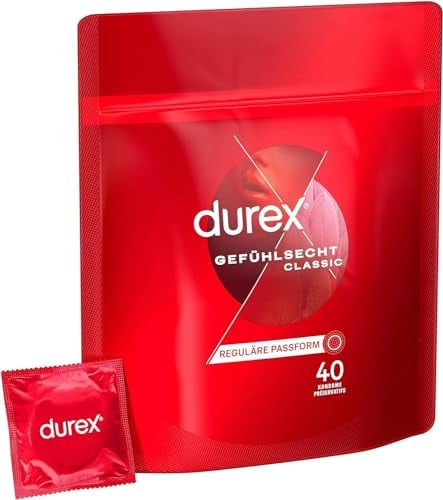 Durex Gefühlsecht Classic Kondome – Dünn für ein intensives Gefühl und innige Zweisamkeit, reguläre Passform (40 Stück)